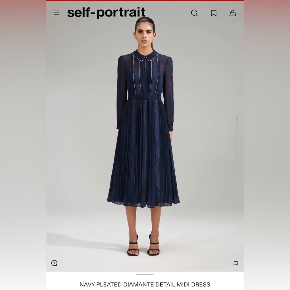 NWT self-portrait navy pleated diamante detail midi dress size 8